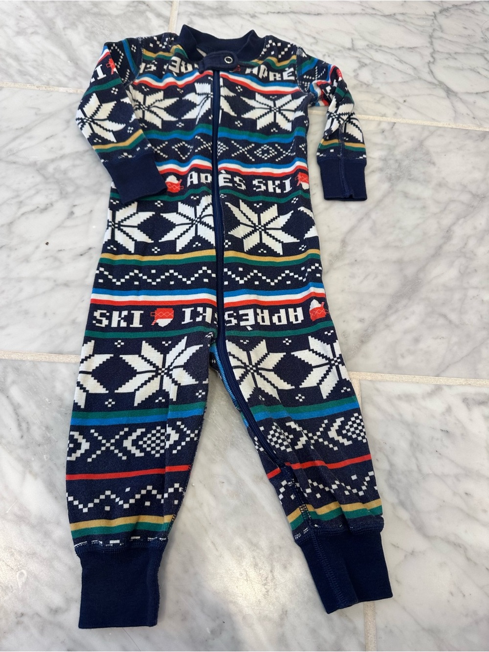Hanna Andersson Navy Fair Isle Zip One-Piece with Multicolor Stripes